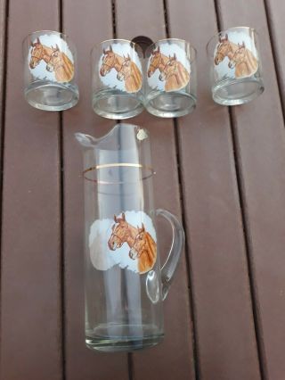 Vintage Equestrian Horse Beverage Pitcher Set West Virginia Glass Hand Made