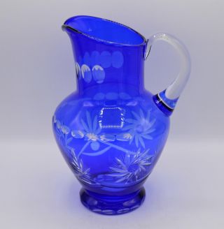 Vintage Cobalt Blue Cut To Clear Crystal Water Pitcher - Star Pattern