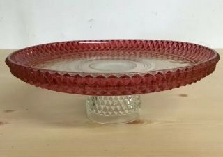 Vtg King’s Crown Ruby Flash Diamond Point Lg Footed Cake Plate