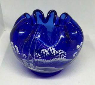 Fenton Cobalt Blue Bowl/ Vase Hand Painted Winter Scene C.  Riggs