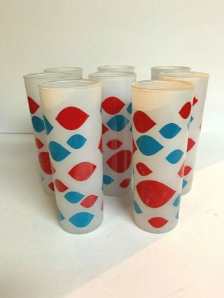 Vintage Mcm Dairy Queen Tall Frosted Red And Blue Drinking Glasses Set Of 8