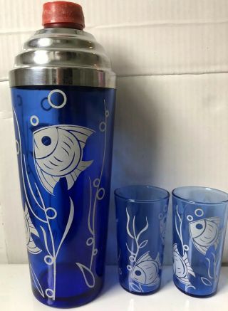 Vintage Hazel Atlas Cobalt Blue Glass Angelfish Cocktail Shaker & 2 Glasses