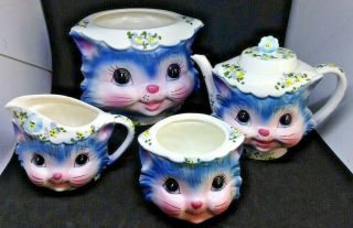 Vintage Lefton Miss Priss 4 - Cup Blue Kitty Cat Teapot Creamer Sugar Bowl Cookie