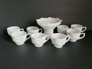 Vintage Westmoreland Quilt Pattern White Milk Glass Punch Bowl Stand And Cups