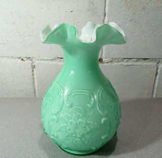 Fenton Green Over White Ornate Ruffled Vase