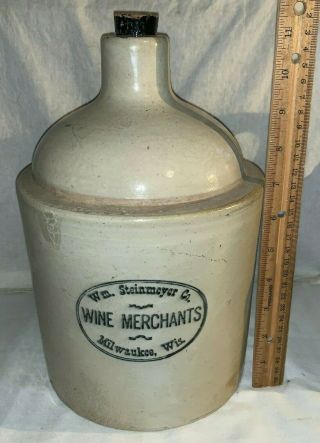 Antique Wm Steinmeyer Wine Merchant Milwaukee Wi Stoneware Red Wing Crock Jug