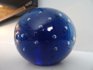 Large Fostoria Signed Rudy Morski Art Glass Blue Controlled Bubble Paperweight