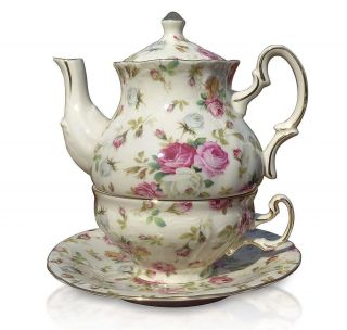 Chic Shabby Floral Rose Chintz Tea For One Porcelain Cup Teapot Saucer Set