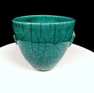 Studio Art Pottery Artist Signed Green Raku Crackle Glaze 5 " Handled Vase