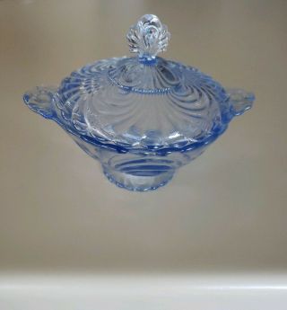 Rare Cambridge Caprice Blue Tab Handle Candy Dish Covered W Lid Excellant Cond