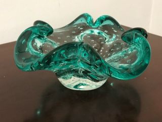 Murano Glass Bullicante Controlled Bubble Blue Green Bowl Vintage