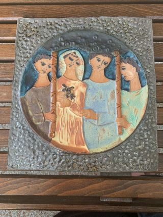 Vintage Ruth Faktor Modernist Pottery Art Tile Plaque Wedding Scene Israel