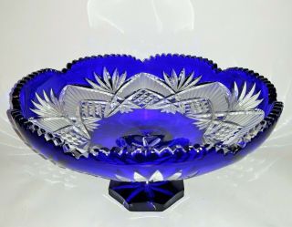 Bohemian Cobalt Blue Crystal Cut To Clear Glass Pedestal Bowl