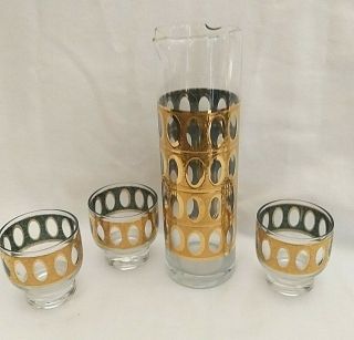 Signed Culver Tall Martini Cocktail Pitcher 3 Glasses Mcm Hollywood Regency Gold