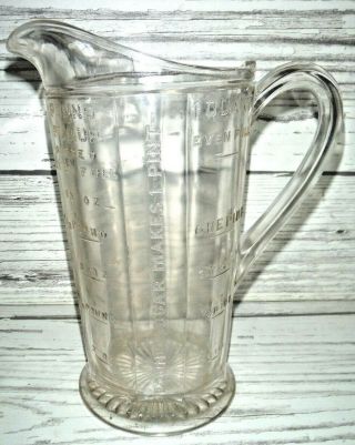 Vintage Depression Era Clear Glass 1 Quart Dry Or Liquid Measuring Pitcher