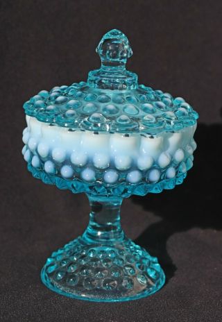 Vintage Blue Fenton Opalescent Hobnail Pedestal Compote Candy Dish W/lid