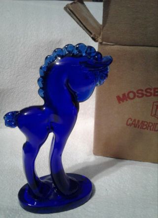 Rare Mosser Blue Colbalt Glass Grecian Trojan Horse Pony Figurine 5 1/2 W Box