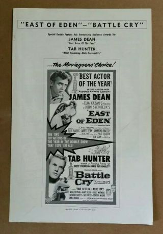 " East Of Eden " & " Battle Cry " James Dean & Tab Hunter Movie Pressbook,  1955