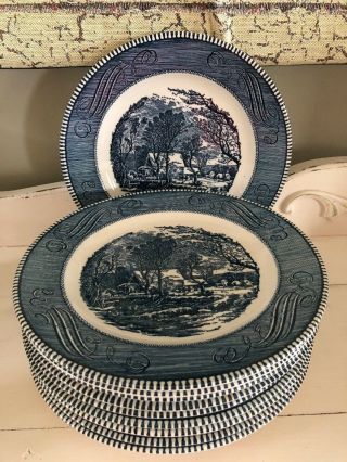 Currier And Ives “old Grist Mill” 10in.  Plates,  Set Of 9 Exc Vintage Cond