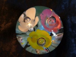 Vintage Clear With Multi - Colored Flowers St.  Clair Art Glass With Controlled Bub