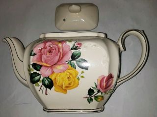 Vintage Sadler White And Gold 2 Cup Small Cube Pink And Yellow Roses Teapot