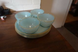 Vintage Fire King Delphite Blue Azurite Luncheon Plates /tea Cups Set Of Four