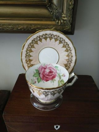 Aynsley Bone China Pink / Gold Cup And Saucer With Large Pink Cabbage Rose