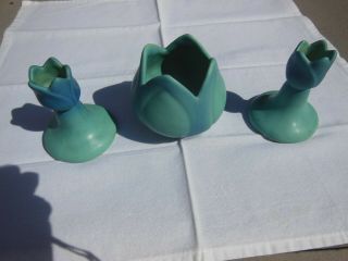 Van Briggle Blue 4 " Tulip Vase And Matching 4 " Candlesticks