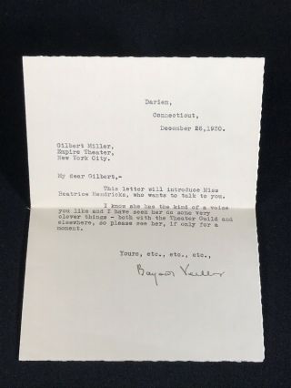Bayard Veiller Signed Letter 1930 American Playright & Film Director