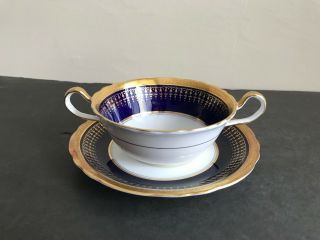Aynsley Bone China 7081 Hertford Cobalt Raised Gold Cream Soup Bowl & Saucer Set