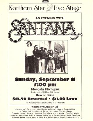 Santana 1983 Vintage Concert Flyer Mecosta Michigan Northern Star Live Stage