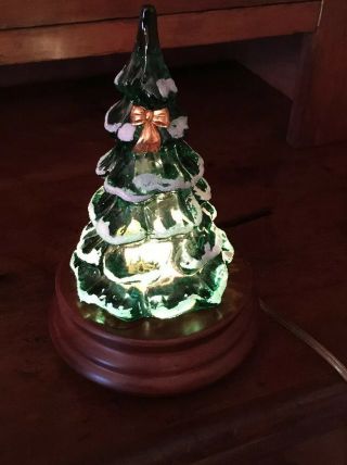 6 3/8” Emerald Green White Fenton Christmas Tree Gold Bow Tag & Lighted Base