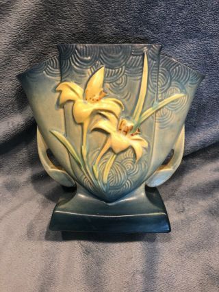 Vintage Roseville Zephyer Lily Fan Vase 206 - 7 Double Handle Dark Blue Yellow