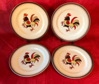 Four Metlox Poppytrail Red Rooster Dinner Plates 10 " Mid Century California