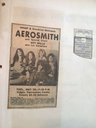 1975 Aerosmith - Wet Willie - Indianapolis Concert Ticket Stub