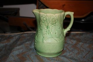 Antique Majolica Pottery Pitcher With Handle - Green - Embossed Flowers - Marked