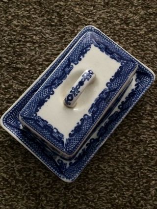 Vintage Japanese Blue Willow Covered Butter Dish With Bottom Plate And Handle