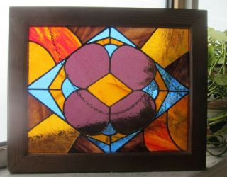 Mcm Vintage Mod Flower Blue Purple Gold Stained Glass Panel Window Hanging 13x16