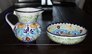 Talavera Pottery Pitcher & Bowl Vivid Floral Design Handcrafted Mexico