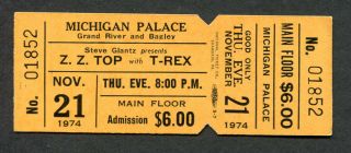 1974 Zz Top T Rex Concert Ticket Michigan Palace Tres Hombres Bang A Gong