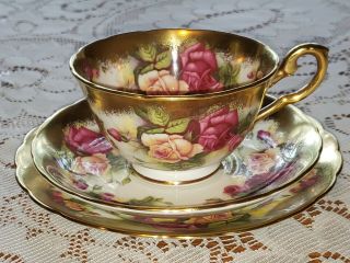 Royal Chelsea Golden Rose Trio Set - Footed Cup,  Saucer,  & Plate Wow
