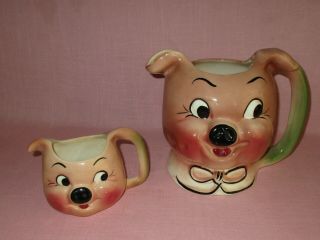 Vintage Deforest Pottery Of California Pig Pitcher And Small Creamer 1950 
