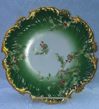 Antique T&v Limoges Porcelain 8 " Plate Xmas Holly & Berries W Gilt Trim Noreserv