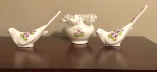 Vintage Fenton Glass Hand Painted Vase And Happiness Bird Figurines