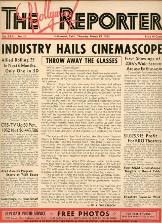 1953 Rare Hollywood Reporter " Industry Hails Cinemascope " Issue