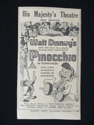 Pinocchio 1942 Movie Advertising Vintage Walt Disney Animation Cartoon