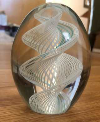 Vintage Glass Paperweight Egg Shaped With Blue And White Spiral Ck0497