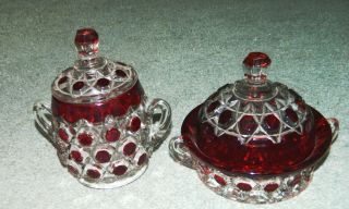 Vintage Eapg Ruby Red Block Sugar Bowls / Candy Dish With Lids