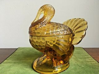 L.  E.  Smith Amber Glass Covered Candy Dish / Soup Bowl Turkey Dish With Lid