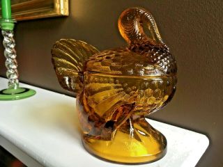 L.  E.  Smith Amber Glass Covered Candy Dish / Soup Bowl Turkey Dish with Lid 2